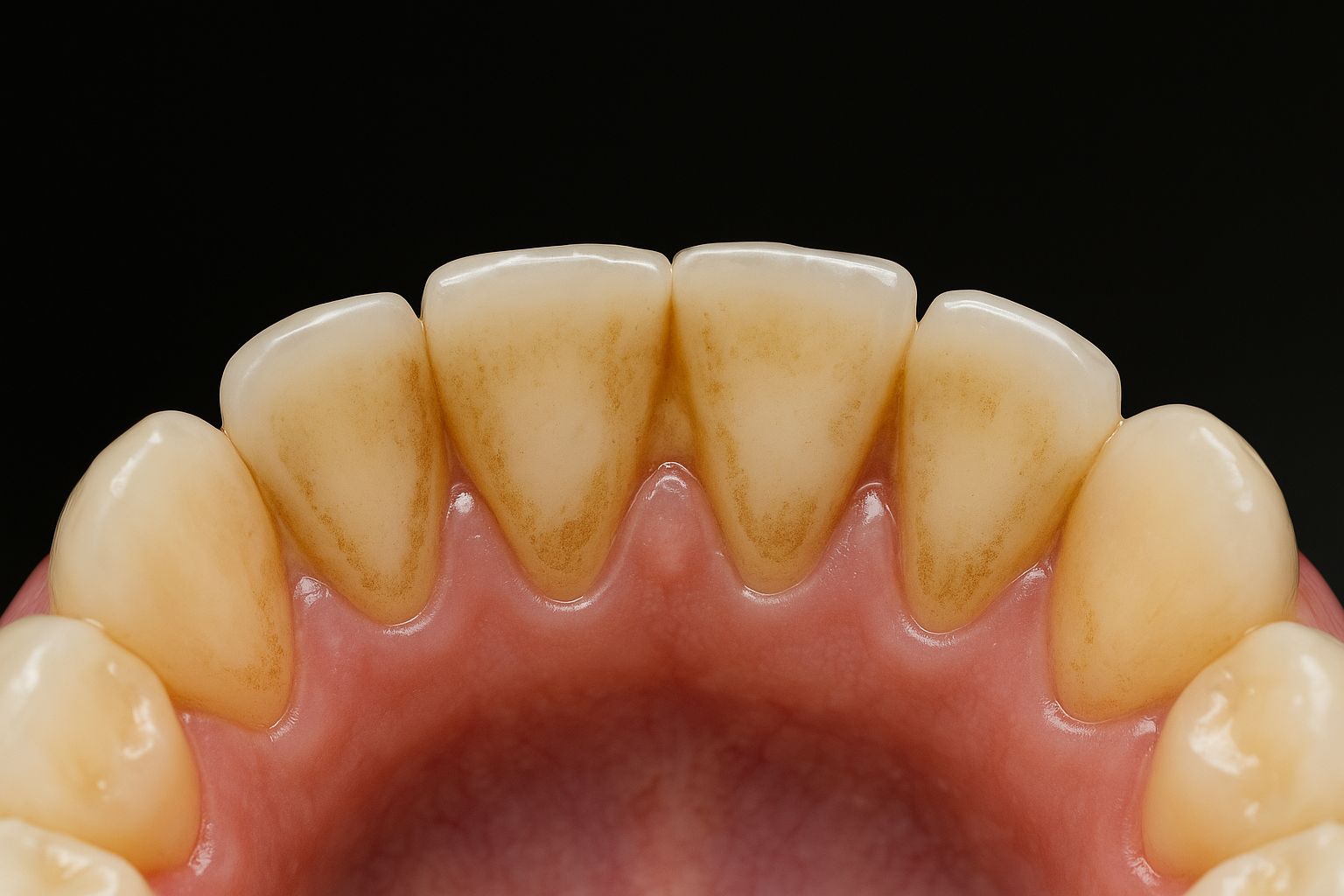 Nærbilde av en munn med plak og tannstein på nedre tenner.